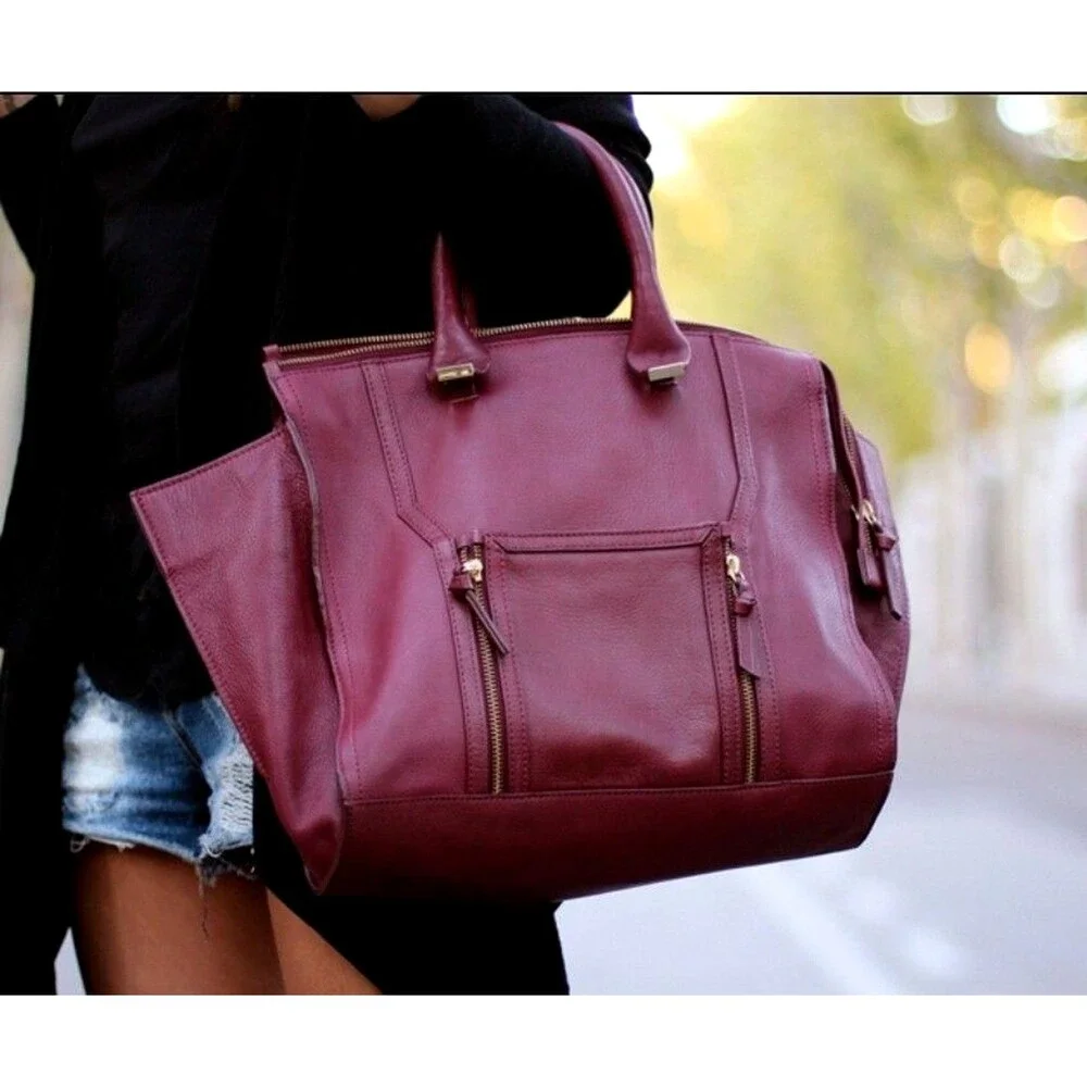 Zara Women's Large Tote Bag Burgundy Gold Hardware Satchel Genuine Leather